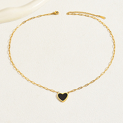 Black Natural Shell Heart Pendant Necklaces with Golden Stainless Steel Paperclip Chains, Black, 18.11 inch(46cm)
