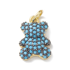 Sky Blue Rack Plating Brass Micro Pave Cubic Zirconia Charms, Lead Free & Cadmium Free, Bear Charm, Real 18K Gold Plated, with Jump Ring, Sky Blue, 15x10x3.5mm, Hole: 3mm
