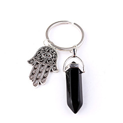 Obsidian Alloy Hamsa Hand/Hand of Miriam Pendant Keychain, with Natural Obsidian Bullet/Hexagon Prism Pendant, Gemstone Pendant: 4x1.3cm