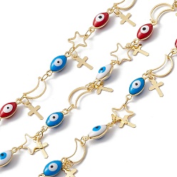 Colorful Enamel Horse Eye & Star & Moon Link Chains, with Brass Cross Chamrs, Real 18K Gold Plated, Soldered, with Spools, Colorful, 13x5x4.5mm, 8.5x8.5x0.8mm, 10x6x0.8mm