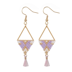 Lilac Glass Seed Braided Triangle Dangle Earrings, with Polycotton Tassels, Golden 304 Stainless Steel Triangle Jewelry for Women, Lilac, 62mm, Pin: 0.7mm
