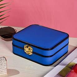 Blue Imitation Leather Jewelry Storage Box, Compact Ring Earring Accessories Case, Black Edged Portable Travel Jewelry Box, Rectangle, Blue, 13.5x11.5x5.2cm
