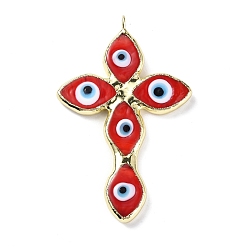 Red Handmade Lampwork Big Pendants, with Eco-friendly Ligh Gold Brass Findings, Long-Lasting Plated, Cadmium Free & Lead Free, Religion Cross with Evil Eye Charm, Red, 73.5x47x4mm, Hole: 4.2mm
