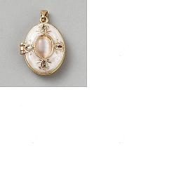 White 1Pc Brass Enamel Locket Pendants, with Rhinestone and Resin, Oval Charms, Golden, White, 22x17x8mm, Hole: 5x3mm