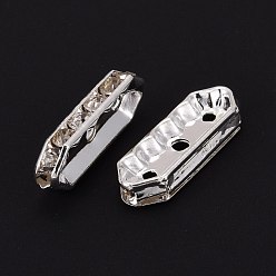 Silver Brass with Grade A Rhinestone Bridge Spacers, Hexagon, Silver Color Plated, 21x7x4mm, Hole: 1mm