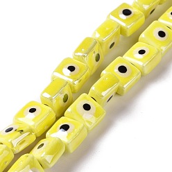 Yellow Handmade Porcelain Ceramic Beads Strands, Famille Rose Style, Square with Evil Eye, Yellow, 7.5~8x7.5~8x5~5.5mm, Hole: 2mm, about 40pcs/strand, 12.36~12.44 inch(31.4~31.6cm)