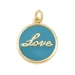 Светлый Морско-зеленый Латунь эмаль подвески, с целью перехода в кольце, плоские круглые со словесными любовными чарами, без свинца и без кадмия, долговечный, реальный 18 k позолоченный, стойки покрытие, светло-зеленый, 16.5x14x1.5 мм, отверстие : 2.5 мм