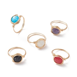Mixed Stone Natural Mixed Gemstone Flat Round Finger Rings, Golden Copper Wire Wrap Jewelry for Women, Inner Diameter: 18.7~20.5mm