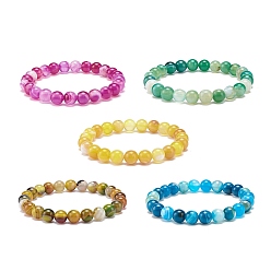 Mixed Color Natural Agate Round Beaded Stretch Bracelet, Gemstone Jewelry for Women, Mixed Color, Inner Diameter: 2 inch(5.1cm), Beads: 8.5mm