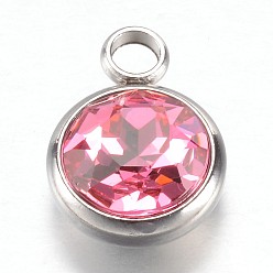Pearl Pink 304 Stainless Steel Glass Rhinestone Charms, October Birthstone Charms, Faceted, Flat Round, Pearl Pink, 14x10x7mm, Hole: 2.5mm