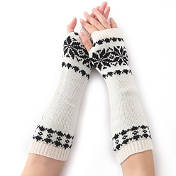 White Polyacrylonitrile Fiber Yarn Knitting Long Fingerless Gloves, Arm Warmer, Winter Warm Gloves with Thumb Hole, Flower Pattern, White & Black, 320x80mm