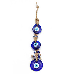 Teardrop Evil Eye Glass Pendant Decorations, Tassel Hemp Rope Hanging Ornament, Royal Blue, Teardrop Pattern, 240mm