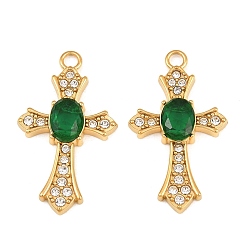 Émeraude Pendentifs en acier inoxydable, avec strass, charmes croisées, placage ionique (ip), réel 304 k plaqué or, émeraude, 18mm, Trou: 31x18x4mm
