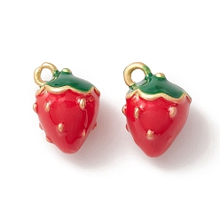 Red 2Pcs Brass Enamel Charms, Imitation Fruit, Matte Gold Color, Strawberry Charm, Red, 13x11x10mm, Hole: 1.2mm