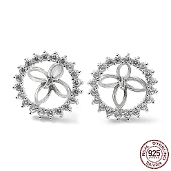 Real Platinum Plated Rhodium Plated 925 Sterling Silver with Cubic Zirconia Stud Earring Findings, with S925 Stamp, for Half Drilled Pearl Beads, Flower, Real Platinum Plated, 12mm, Pin: 0.7mm