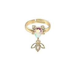 Прозрачный АВ Регулируемые кольца для женщин с микропаве из латуни и кубическими цирконами, рыба, со стеклом, стойки покрытие, золотые, ясно AB, внутренний диаметр: 17 мм