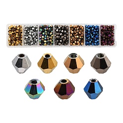 Mixed Color 7 Strands 7 Colors Electroplate Glass Bead Strands, Rainbow Plated, Faceted Bicone, Mixed Color, 4x4~4.5mm, Hole: 1mm, about 92~96pcs/strand, 13.78~14.37 inch, 1 strand/color