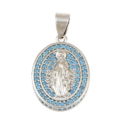 Cielo Azul Micro latón allanan colgantes cúbicos del zirconia, óvalo con dijes de virgen maría, sin plomo y cadmio, chapado en rack, larga duración plateado, Platino, el cielo azul, 21.5x16x4 mm, agujero: 4x6 mm