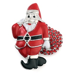 Платина Эмалированные булавки на рождественскую тематику, Броши из сплава со стразами для рюкзака, Санта-Клаус с подарочными пакетами, платина, 49x38 мм