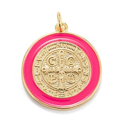 Red Brass Enamel Pendants, Real 18K Gold Plated, Long-Lasting Plated, Saint Benedict Medal Charms, Red, 23x20.5x2mm, Hole: 3mm, Jump Ring: 5x0.8mm