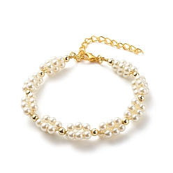 Creamy White Glass Pearl Braided Beaded Bracelet, Brass Wire Wrap Jewelry for Women, Creamy White, 7-1/8 inch(18.2cm)
