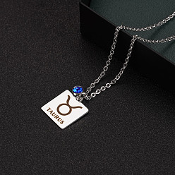 Taurus Constellation Rectangle Pendant Necklace, 201 Stainless Steel Square with Rhinestone Pendant Necklace for Men Women, Taurus, 17.72 inch(45cm)