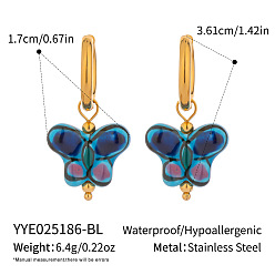 Синий 304 Серьги-кольца в форме бабочки из нержавеющей стали и фарфора, реальный 18 k позолоченный, синие, 36.1x17 мм