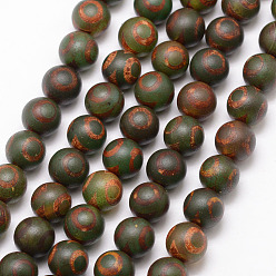3-Eye Tibetan Style 3-Eye dZi Beads, Natural Agate Bead Strands, Round, Matte Style, Dyed & Heated, Dark Olive Green, 10mm, Hole: 1mm, about 18pcs/strand, 7.5 inch
