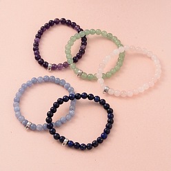 Mixed Stone Round Natural Gemstone Beaded Stretch Bracelets, with Antique Silver Plated Alloy Tube Bails, 57mm