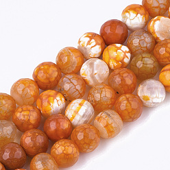 Dark Orange Natural Crackle Agate Beads Strands, Dyed, Faceted, Round, Dark Orange, 10mm, Hole: 1mm, about 37~38pcs/strand, 14.4~14.9 inch