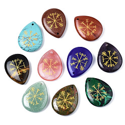 Mixed Stone Natural & Synthetic Gemstone Pendants, Teardrop with Nordic Pagan Pattern, 32~33.5x25~26x6.5~7.5mm, Hole: 2mm, 6pcs/bag