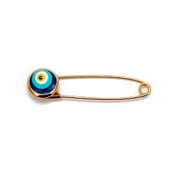 Blue Evil Eye Safety Pin Brooch, Alloy with Glass Brooch, Blue, 39x10mm