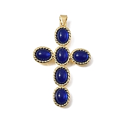 Синий Подвески из латуни и стекла, крестик, реальный 18 k позолоченный, синие, 45x29.5x5 мм, отверстие : 3.5x3.2 мм