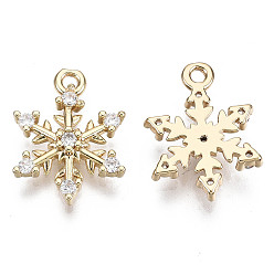 Clear Brass Micro Pave Cubic Zirconia Charms for Christmas, Long-Lasting Plated, Snowflake, Light Gold, Clear, 14x10.5x2mm, Hole: 1mm