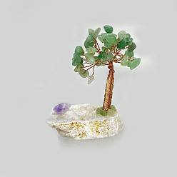 Green Aventurine Natural Green Aventurine Chips and Natural Quartz Crystal with Amethyst Pedestal Display Decorations, Healing Stone Tree, for Reiki Healing Crystals Chakra Balancing, with Rose Gold Plated Brass Wires, Lucky Tree, 57~86x59~69x95~110mm