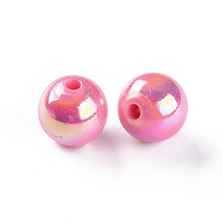 Rose Chaud Perles acryliques opaques, de couleur plaquée ab , ronde, rose chaud, 12x11mm, Trou: 2.5mm, environ566 pcs / 500 g