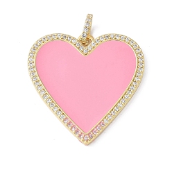 Бледно-Розовый Латунные микро проложить кубического циркония подвески, с эмалью, сердце, стойки покрытие, долговечный, без свинца и без кадмия, с целью перехода в кольце, розовый жемчуг, 30.5x30x2 мм, отверстие : 5x3 мм