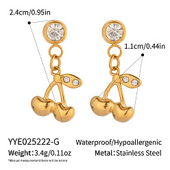 Настоящее золото 18K 304 серьги-гвоздики с подвесками в виде вишен из нержавеющей стали, с четким кубического циркония, реальный 18 k позолоченный, 24x11 мм