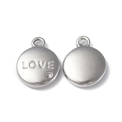 Stainless Steel Color 304 Stainless Steel Pendant Rhinestone Settings, Flat Round with Word LOVE Charm, Stainless Steel Color, Fit: 1mm Rhinestone, 13x10.5x3mm, Hole: 1.2mm