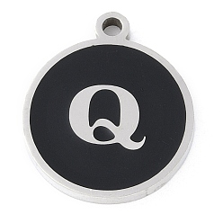 Letter Q 201 подвески из нержавеющей стали, с черной эмалью, цвет нержавеющей стали, плоские круглые с буквы, Буква Q, 18.5x15.5x2 мм, отверстие : 1.6 мм