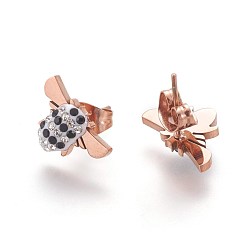 Rose Gold 304 Stainless Steel Stud Earrings, with Enamel and Rhinestone, Bees, Rose Gold, 8x12.5x3mm, Pin: 0.7mm