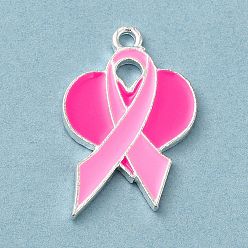Heart Breast Cancer Pink Awareness Ribbon Theme Alloy Enamel Pendants, Silver, Heart, 23x15.5x1.5mm, Hole: 1.5mm