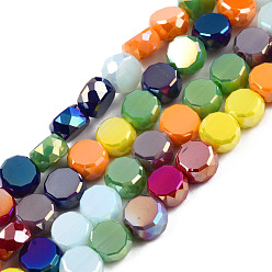 Colorful Electroplate Glass Beads Strands, Faceted, Flat Round, Colorful, 6x3mm, Hole: 1.4mm, about 80Pcs/strand, 16.34 inch~16.93 inch(41.5~43cm)