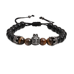 Crown Lion Head Handmade Agate Beaded Wolf Lion Skull Bracelet with Lace for Men