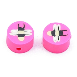 Deep Pink Handmade Polymer Clay Beads, Flat Round with Fly Pattern, Deep Pink, 9x5mm, Hole: 1.8mm