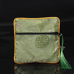 Dark Sea Green Square Chinese Style Cloth Tassel Bags, with Zipper, for Bracelet, Necklace, Dark Sea Green, 11.5x11.5cm
