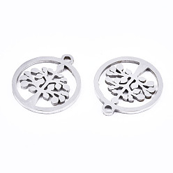Stainless Steel Color 201 Stainless Steel Pendants, Laser Cut, Ring with Tree of Life, Stainless Steel Color, 17x15x1mm, Hole: 1.4mm