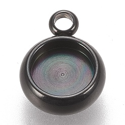 Electrophoresis Black 304 Stainless Steel Pendant Cabochon Settings, Lace Edge Bezel Cups, Flat Round, Electrophoresis Black, Tray: 6mm, 11x8.5x3mm, Hole: 1.8mm
