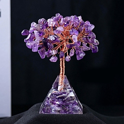 Amethyst Natural Amethyst Chips Tree Decorations, Resin & Gemstone Chip Pyramid Base with Copper Wire Feng Shui Energy Stone Gift for Home Office Desktop Decorations, 95x40mm