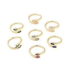 Mixed Color Micro Pave Horse Eye Cubic Zirconia Cuff Rings, Rack Plating Brass Open Rings for Women, Long-Lasting Real 18K Gold Plated, Cadmium Free & Lead Free, Mixed Color, US Size 7(17.9mm)